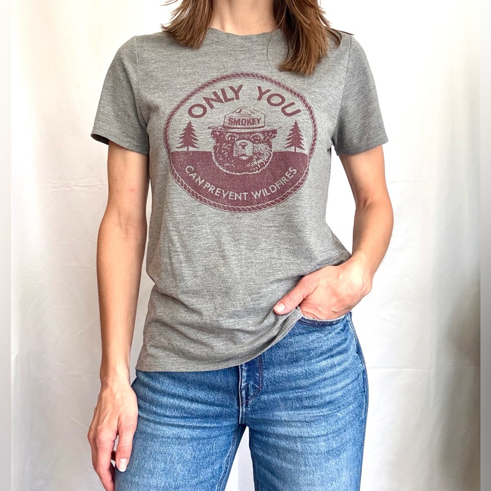 Gray Graphic T-Shirt with Smokey the Bear Print Only You Can Precent Fires Small